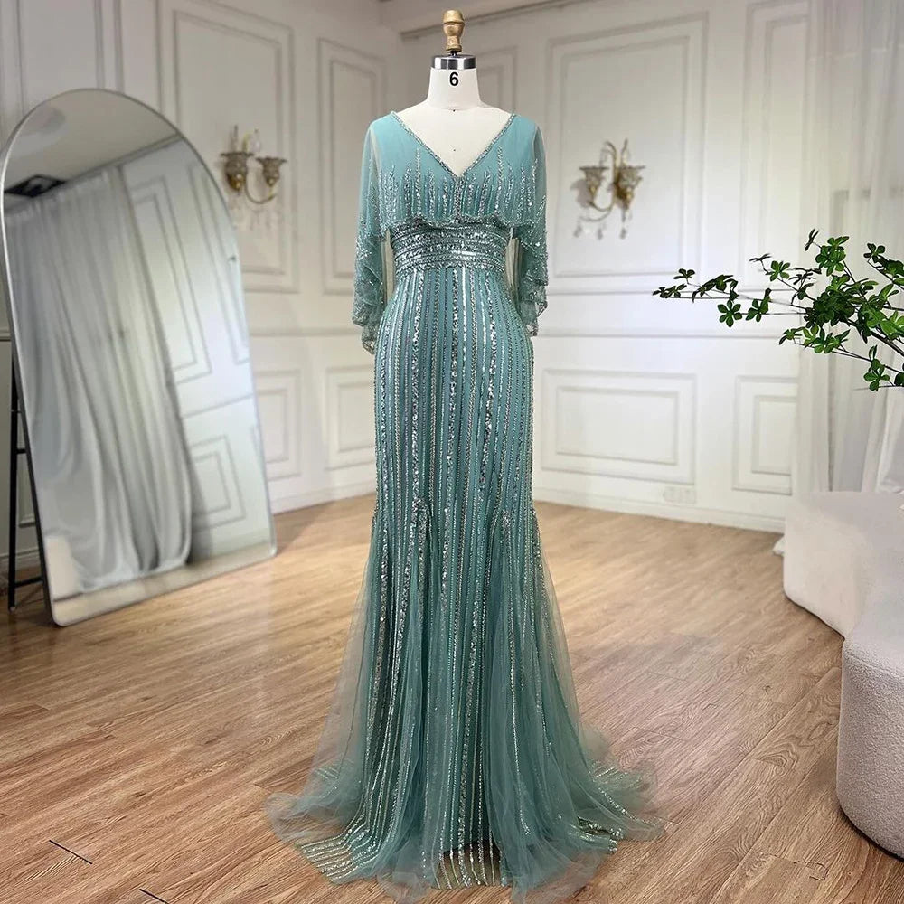 Turquoise Mermaid Elegant Long Cape Beaded Luxury Dubai Evening Dresses Gowns For Women Wedding Party 2025 LA72258