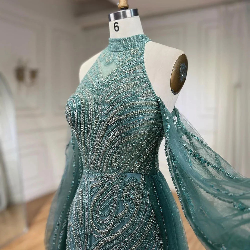 Turquoise Mermaid Elegant With Overskirt Luxury Beaded Evening Dresses Gowns For Women Wedding Party 2025 LA72298