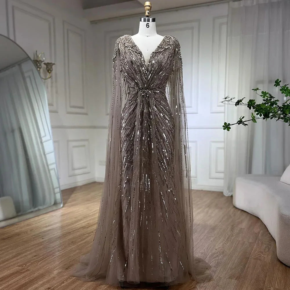 Turquoise Mermaid Beaded Evening Dress Gown with Cape LA72168A