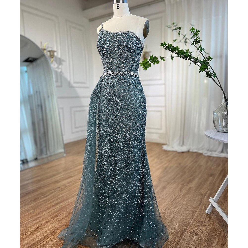 Turquoise Mermaid One Shoulder With Overskirt Beaded Evening Dresses Gowns 2025 For Women Wedding Party LA72144