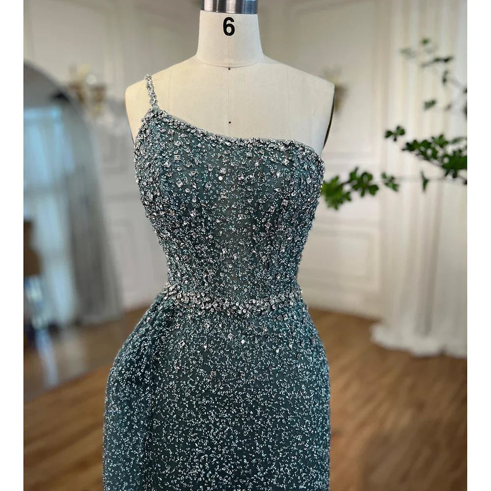 Turquoise Mermaid One Shoulder With Overskirt Beaded Evening Dresses Gowns 2025 For Women Wedding Party LA72144