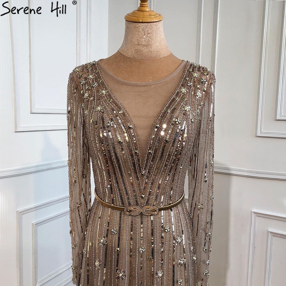 Muslim Gold A-Line Luxury Evening Dresses Gowns 2025 Sparkle Beading Long Sleeves Sexy For Women Party LA70674