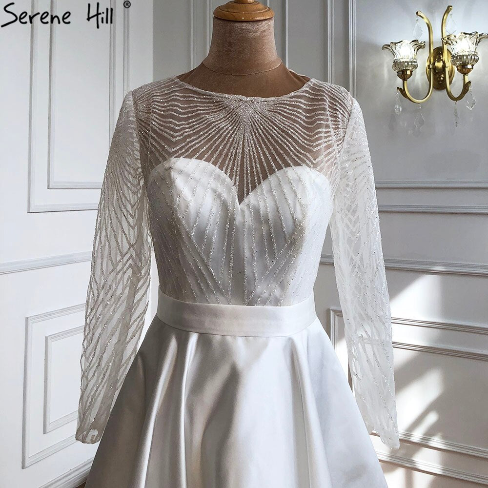 White A-Line Satin Sexy Cocktail Dresses 2025 Long Sleeves Glitter Tea-Length Party Gowns LA70922