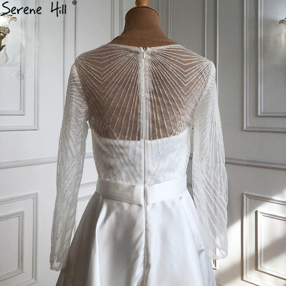 White A-Line Satin Sexy Cocktail Dresses 2025 Long Sleeves Glitter Tea-Length Party Gowns LA70922