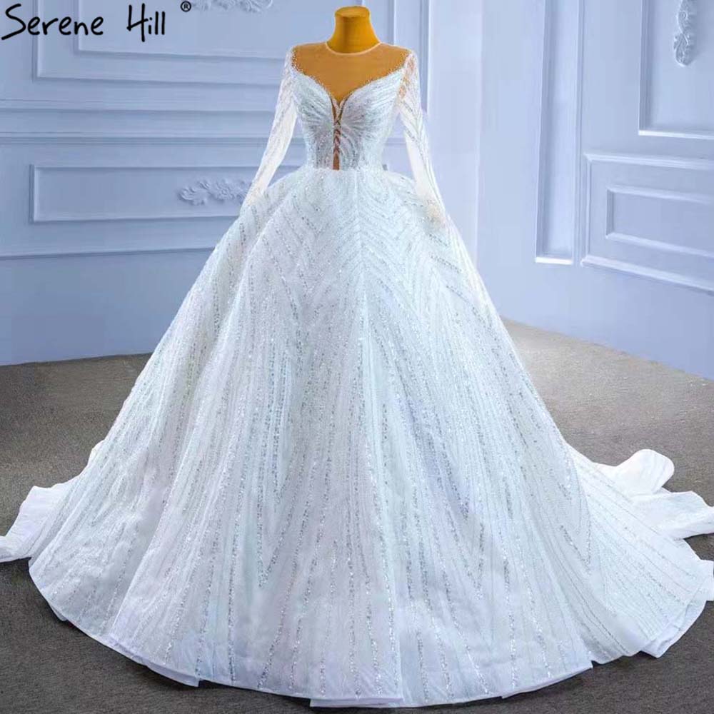 White Beaded Luxury Wedding Dresses 2025 Long Sleeves Lace Up Bride Gowns HM67382 Custom Made