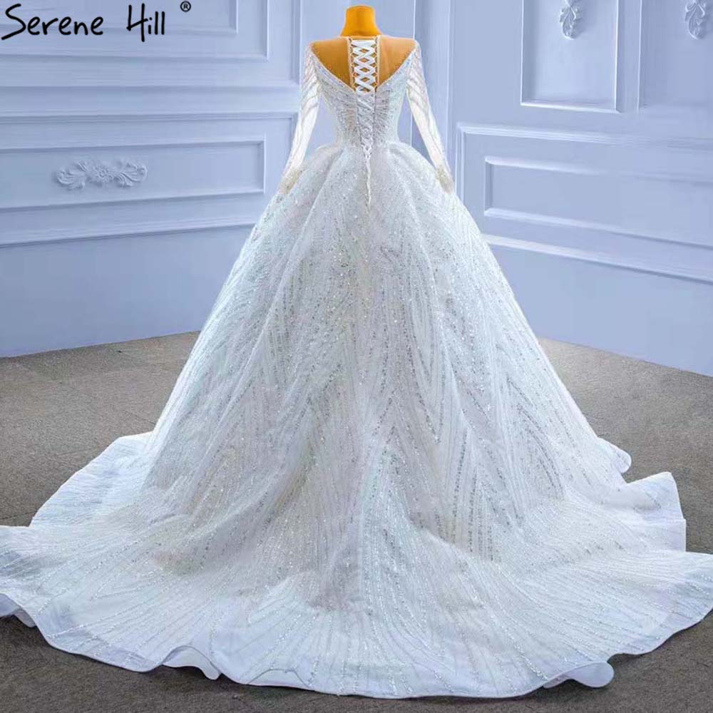 White Beaded Luxury Wedding Dresses 2025 Long Sleeves Lace Up Bride Gowns HM67382 Custom Made