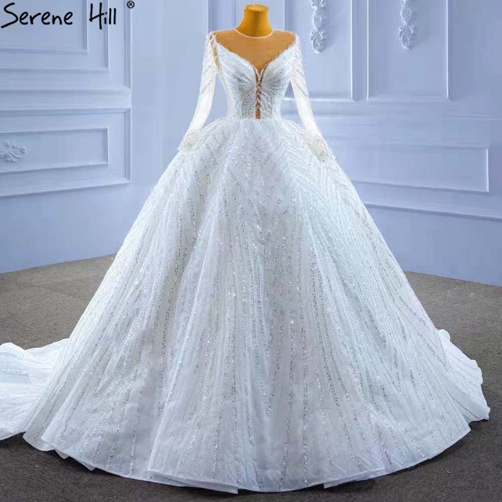 White Beaded Luxury Wedding Dresses 2025 Long Sleeves Lace Up Bride Gowns HM67382 Custom Made