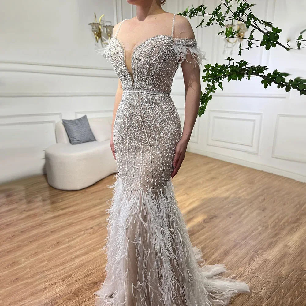 Luxus Federn Weiß Nude Ball Abendkleider LA71656