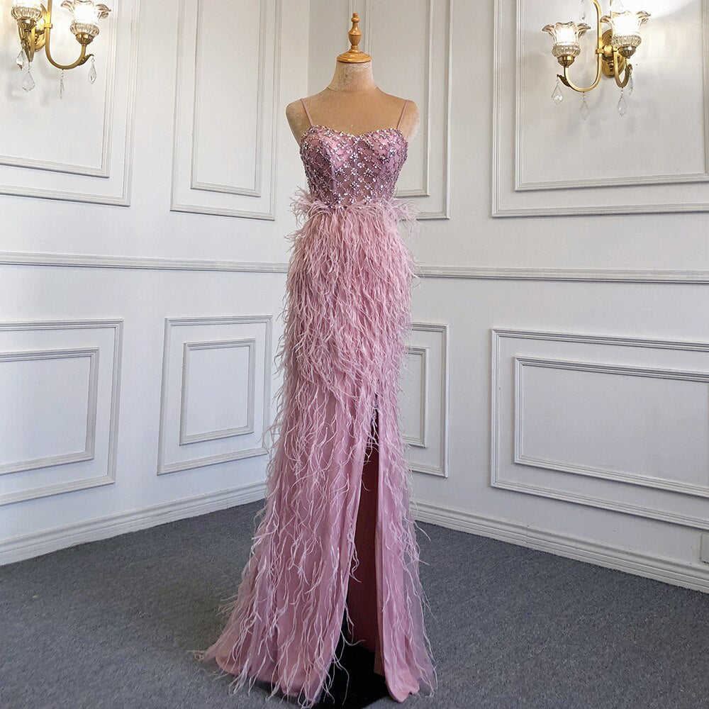 White Elegant Mermaid Sexy Spaghetti Strap Split Feathers Luxury Evening Dresses 2025 LA71685