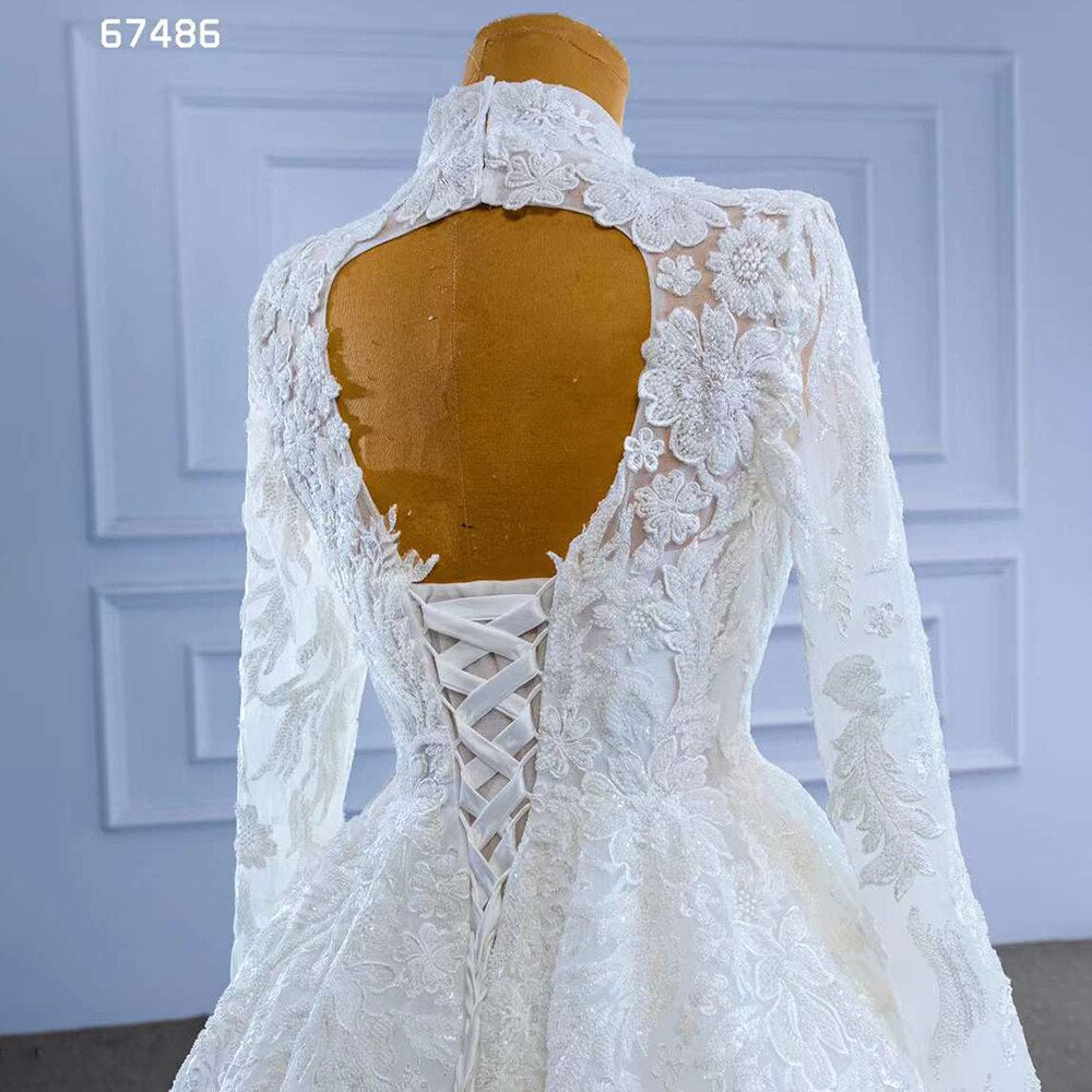 White High End Luxury Lace Beaded High Neck Long Sleeves Lace Up Bride Gowns Wedding Dress 2025 Custom Made HM67486