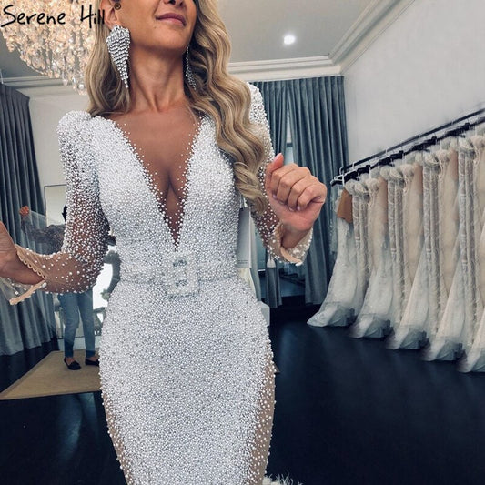 Vestidos de noche de lujo de sirena blanca, elegantes vestidos de noche con perlas y plumas para mujer, para fiesta, LA70633