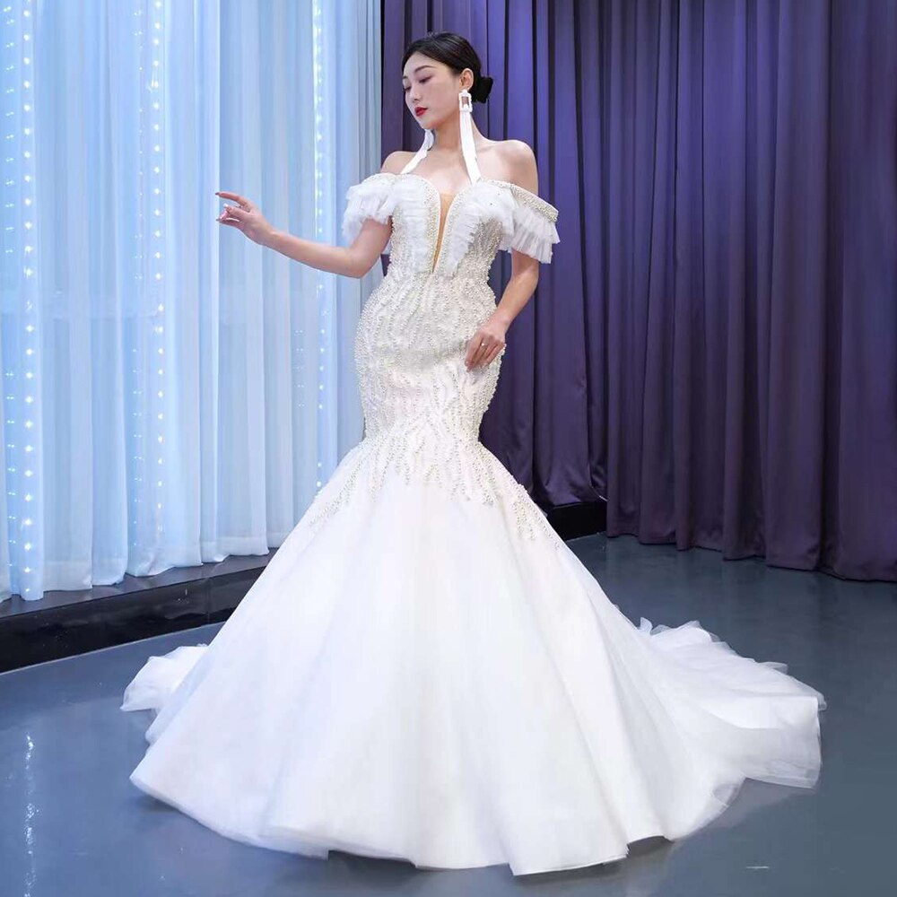 White Mermaid Sexy Off Shoulder Pearls Beaded Lace Up Bride Gowns Wedding Dress 2025 High End Custom Made HM67468