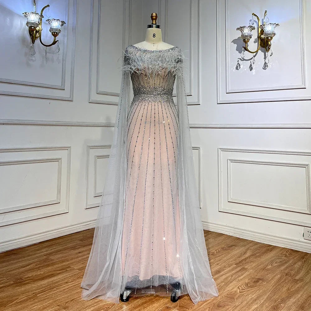 White Nude Elegant Mermaid Evening Dresses Gowns 2025 Feathers With Cape Sleeves Beaded For Women Party LA71724