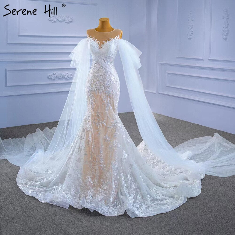 White Nude Mermaid Wedding Dresses 2025 Beaded Lace Elegant Cape Sleeves Bride Gowns HM67294 Custom Made