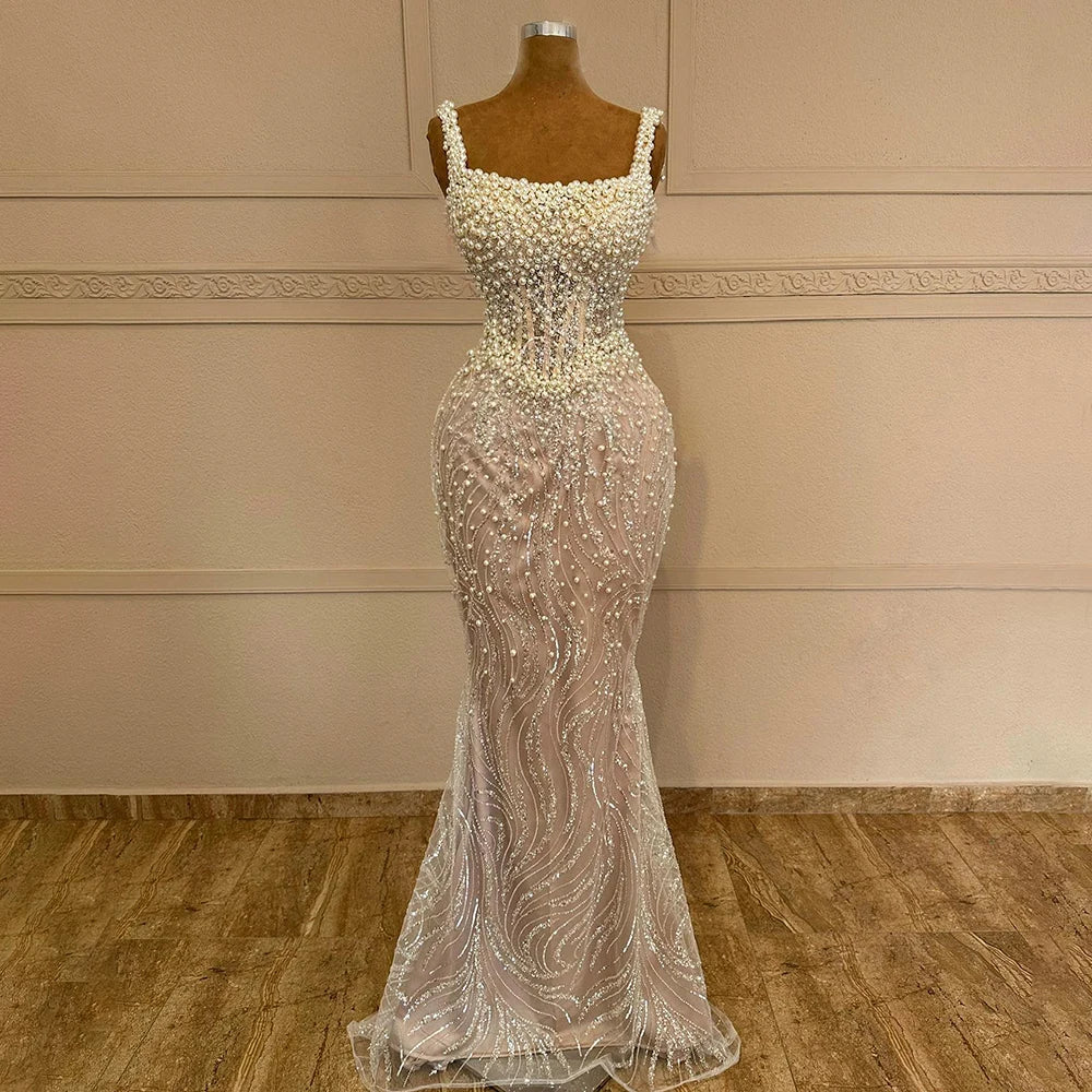 White Nude Spaghetti Strap Mermaid Evening Dresses Gowns Luxury Pearls Beaded For Women Wedding Party 2025 LA72266