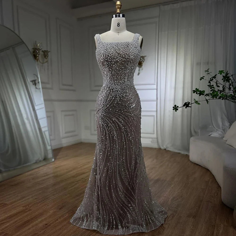 White Nude Spaghetti Strap Mermaid Evening Dresses Gowns Luxury Pearls Beaded For Women Wedding Party 2025 LA72266