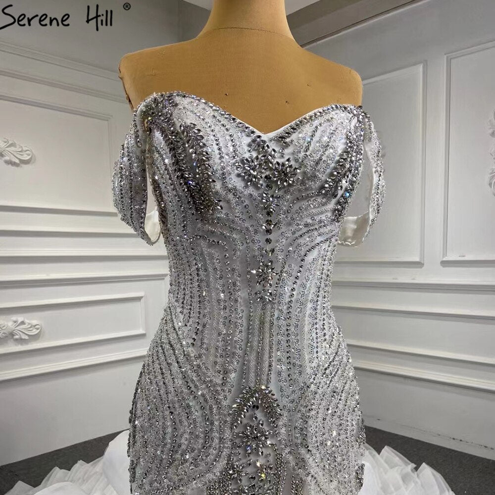 White Ruffles Beaded Wedding Dresses 2025 Mermaid Luxury Elegant Bride Gowns HM67283 Custom Made