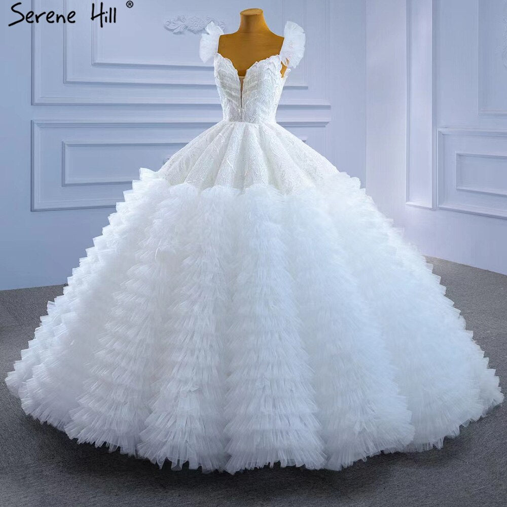 White Ruffles Lace Wedding Dresses 2025 High-end Sexy Sleeveless Bride Gowns HM67313 Custom Made