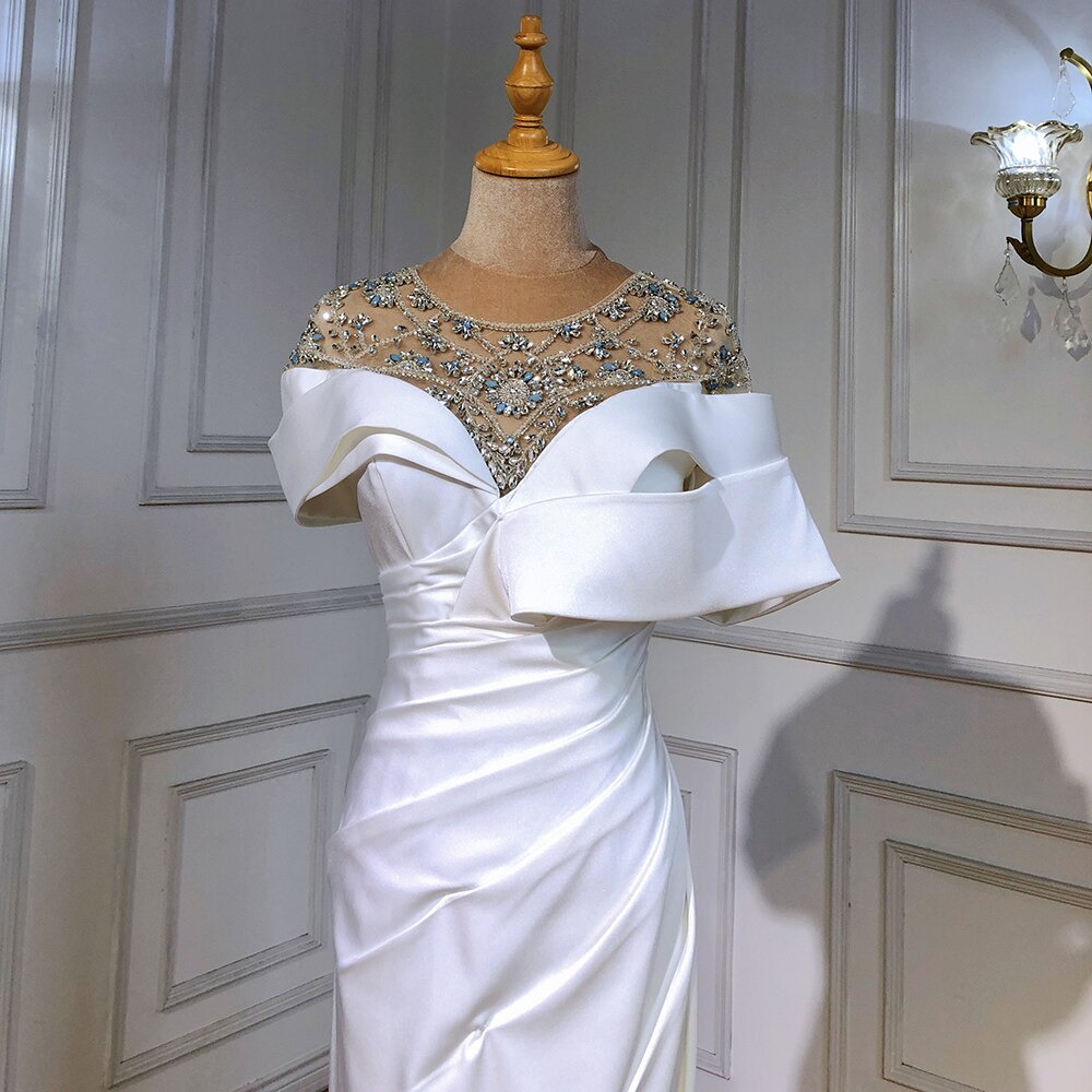 White Satin Beaded Evening Dresses Gowns 2025 Mermaid Elegant Luxury For Women Party LA71487