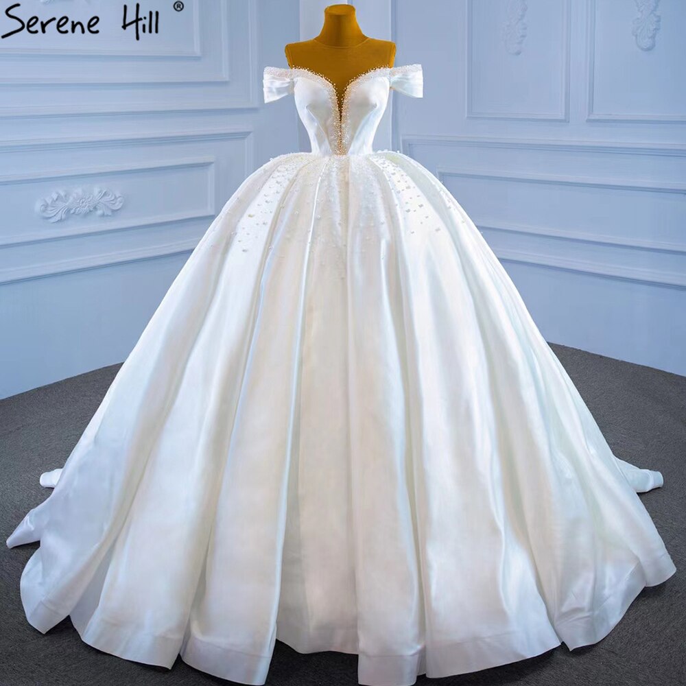 White Satin Beading Pearls Wedding Dresses 2025 Sleeveless High-end Lace Up Bridal Dress HM67240