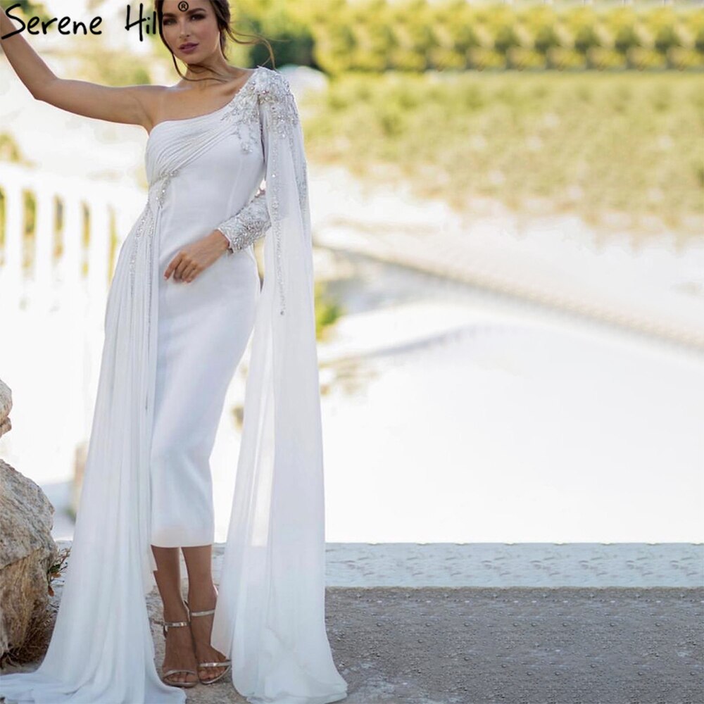 White Satin One Shoulder Evening Dresses Gowns 2025 Mermaid Elegant Sexy For Women Party LA70711