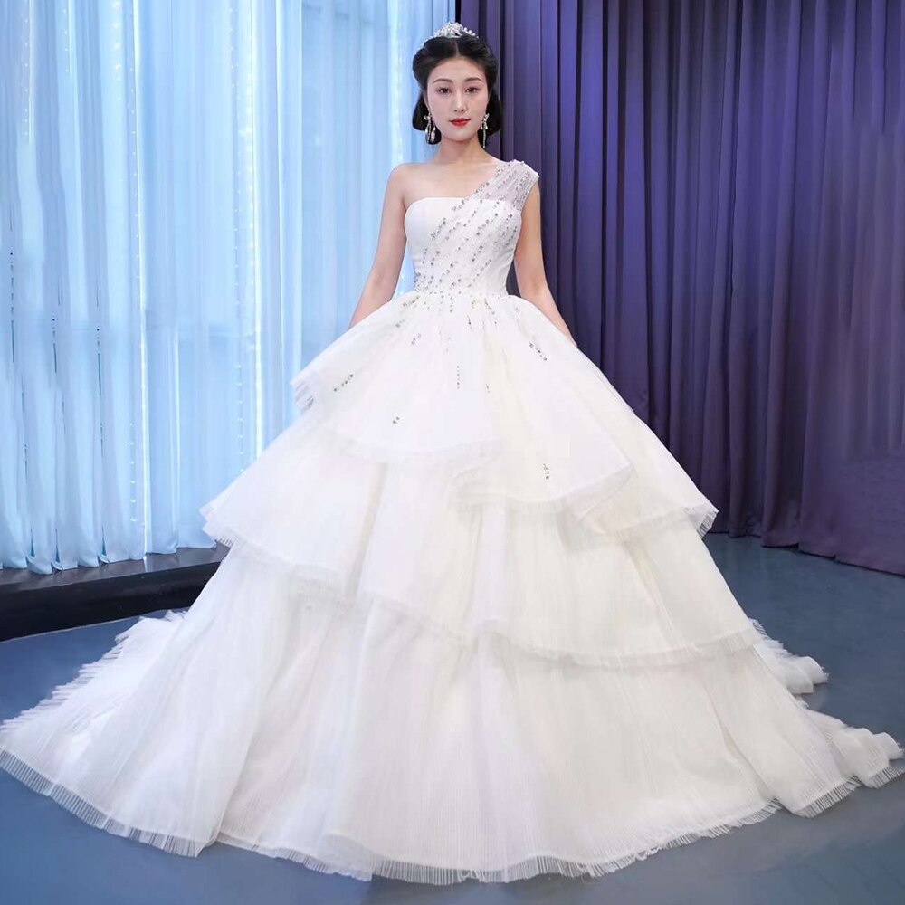 White Sexy One Shoulder Luxury Beaded Lace Up Bride Gowns Dubai Wedding Dress 2025 High End Custom Made HM67451