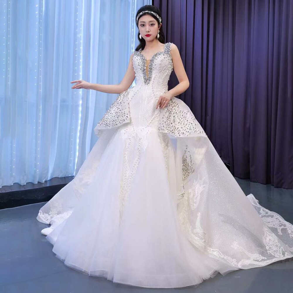 White Sexy V Neck Detachable Train Mermaid Lace Beaded Bride Gowns Wedding Dress 2025 High End Custom Made HM67453