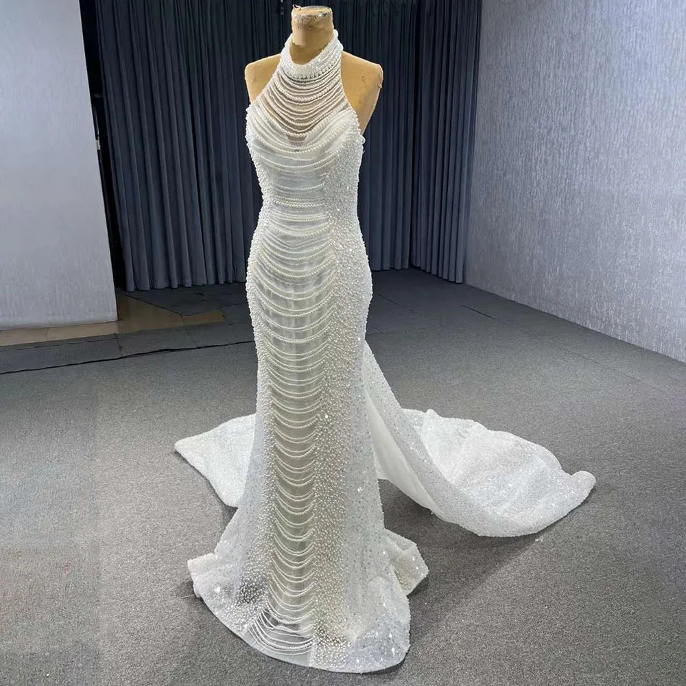 White champagne Mermaid Lace Up Luxury Pearls Beaded Bride Gowns Wedding Dress 2025 High End Custom Made HM231033