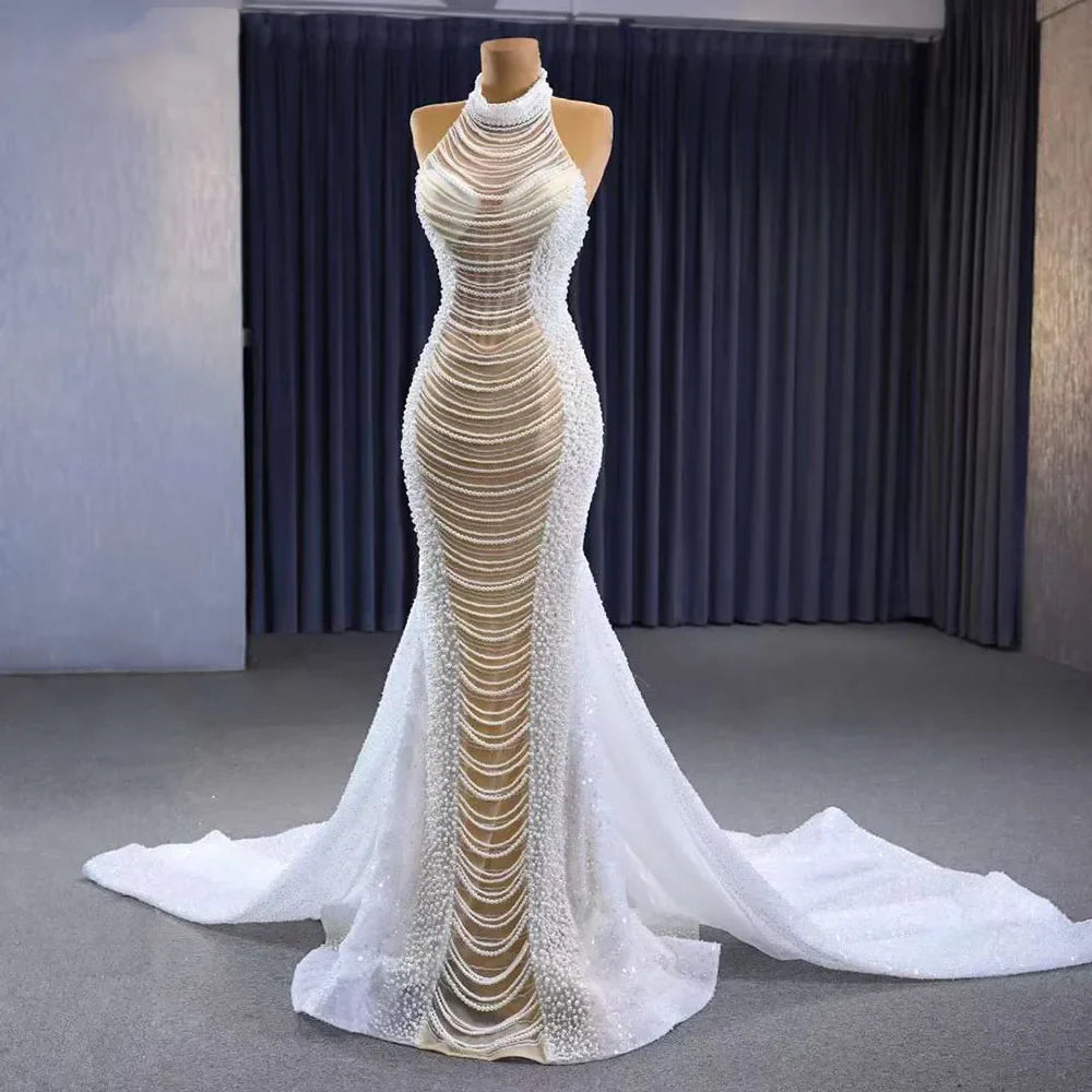 White champagne Mermaid Lace Up Luxury Pearls Beaded Bride Gowns Wedding Dress 2025 High End Custom Made HM231033