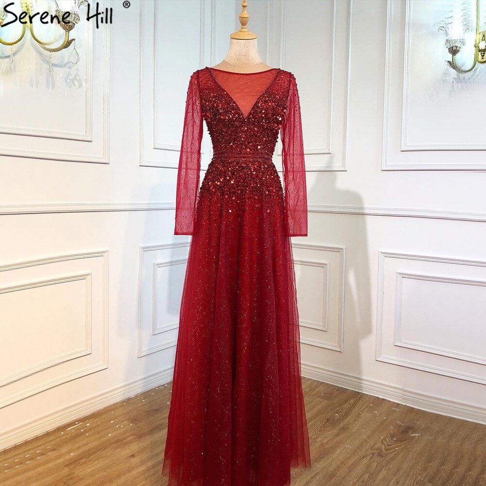 Wine Red A-Line Evening Dresses 2025 Dubai Beading Long Sleeves Sexy Formal Dress Design LA70734