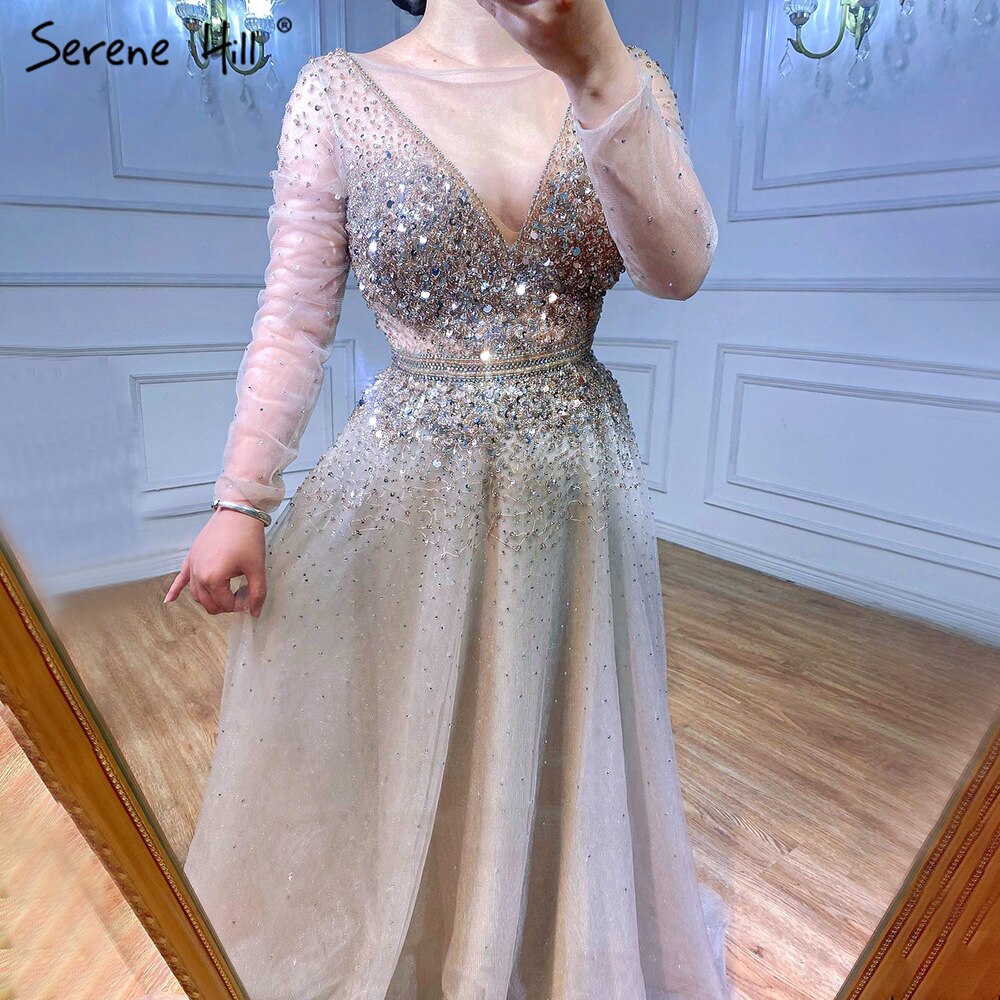 Wine Red A-Line Evening Dresses 2025 Dubai Beading Long Sleeves Sexy Formal Dress Design LA70734