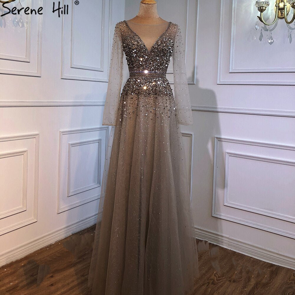 Wine Red A-Line Evening Dresses 2025 Dubai Beading Long Sleeves Sexy Formal Dress Design LA70734