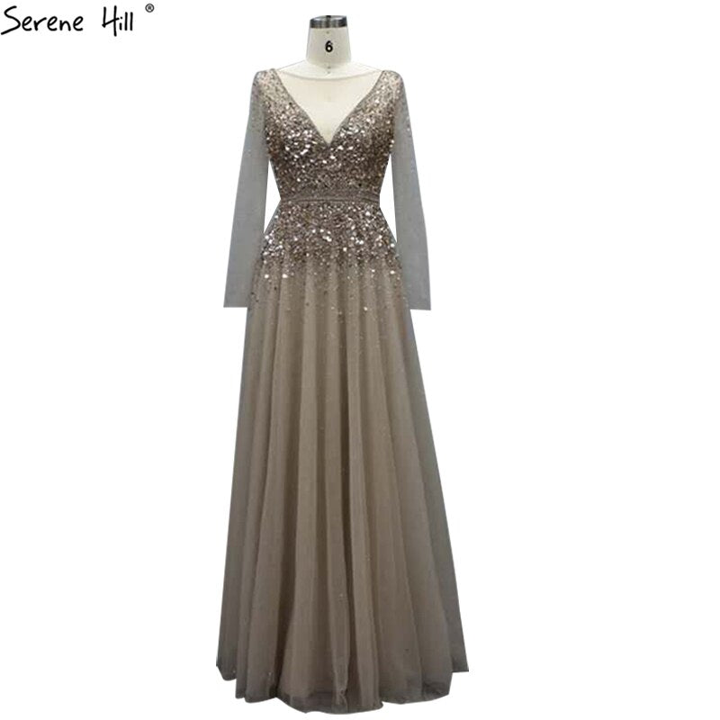 Wine Red A-Line Evening Dresses 2025 Dubai Beading Long Sleeves Sexy Formal Dress Design LA70734