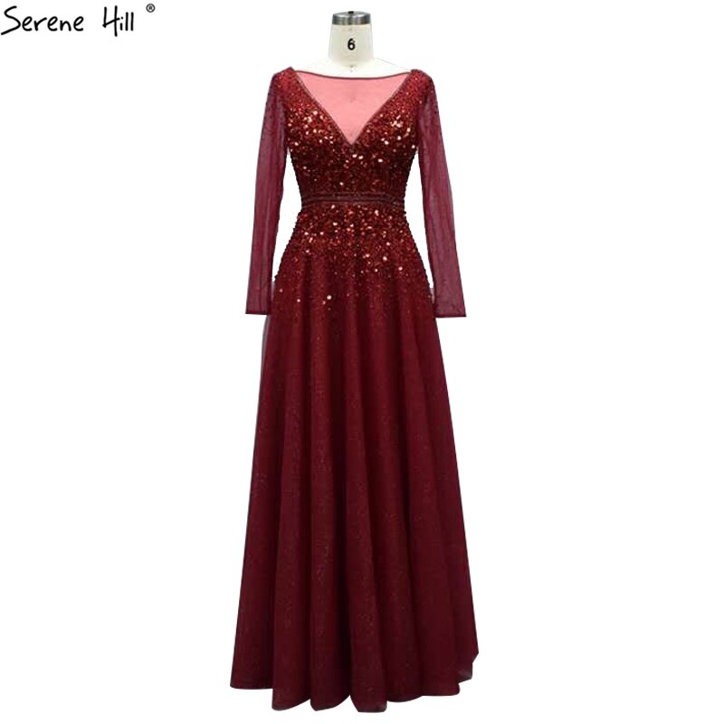 Wine Red A-Line Evening Dresses 2025 Dubai Beading Long Sleeves Sexy Formal Dress Design LA70734