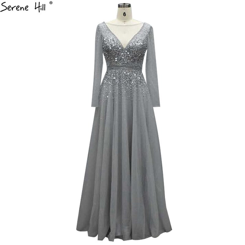 Wine Red A-Line Evening Dresses 2025 Dubai Beading Long Sleeves Sexy Formal Dress Design LA70734