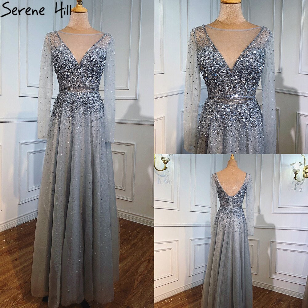 Wine Red A-Line Evening Dresses 2025 Dubai Beading Long Sleeves Sexy Formal Dress Design LA70734