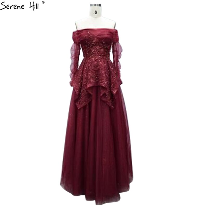 On Sale no return no refundSale Wine Red A-Line Evening Dresses 2025 Dubai Beading Long Sleeves Formal Dress Design LA70692