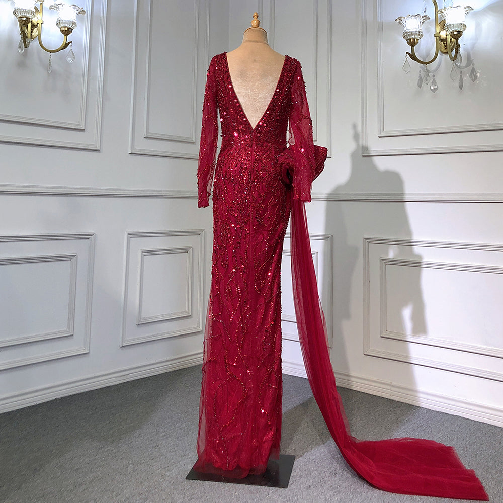 Wine Red Elegant Mermaid Evening Dresses Gowns 2025 Luxury Beaded Overskirt For Women Party LA71642