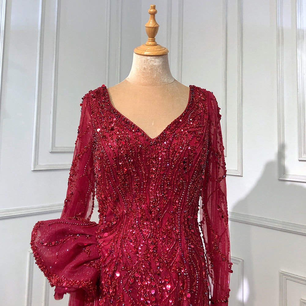 Wine Red Elegant Mermaid Evening Dresses Gowns 2025 Luxury Beaded Overskirt For Women Party LA71642