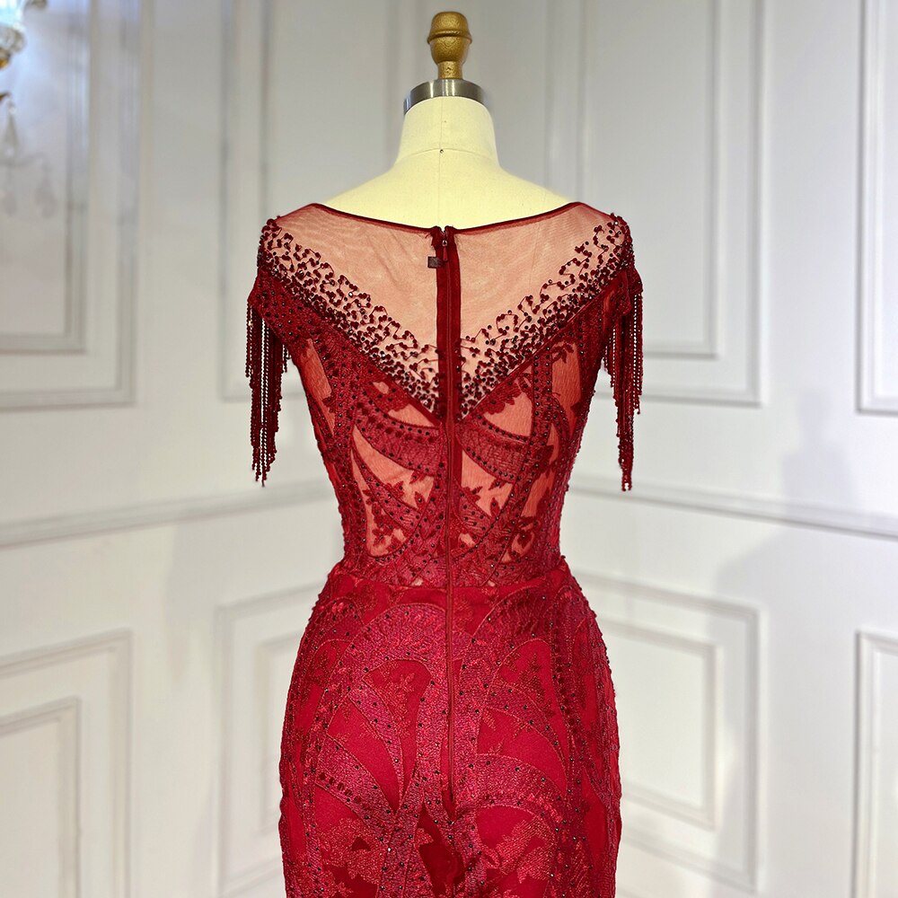 Wine Red Elegant Mermaid Lace Beaded Tassel Arabic Luxury Evening Dresses Gowns 2025 For Women Wedding Party LA71834