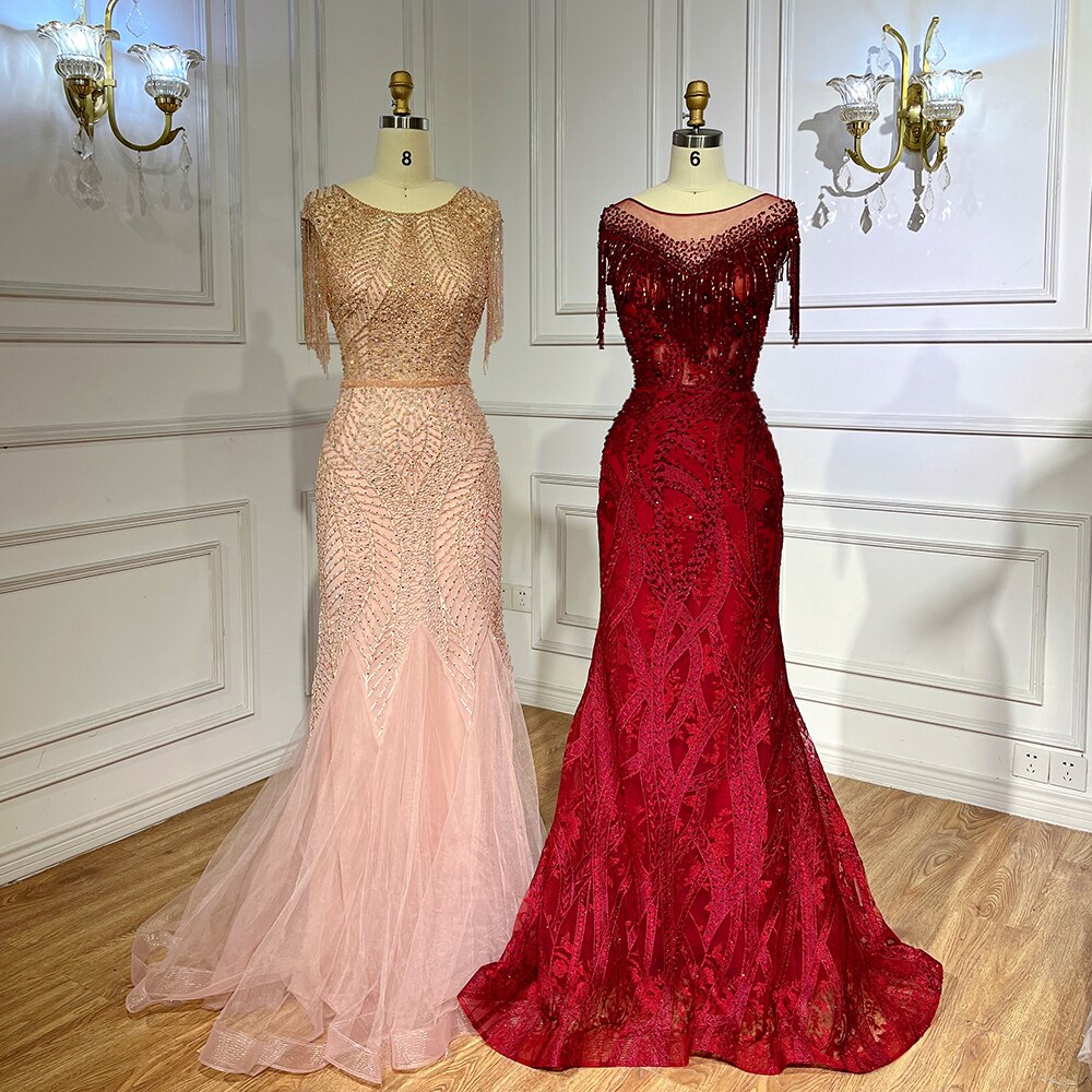 Wine Red Elegant Mermaid Lace Beaded Tassel Arabic Luxury Evening Dresses Gowns 2025 For Women Wedding Party LA71834