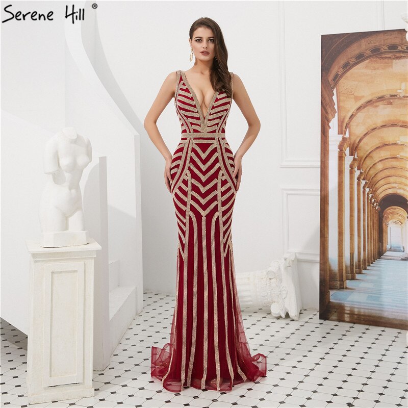 En oferta, sin devolución ni reembolso, venta de vestidos de noche de color rojo vino con diamantes, vestidos de lujo de sirena 2025, sexys y elegantes para mujer, fiesta LA6212