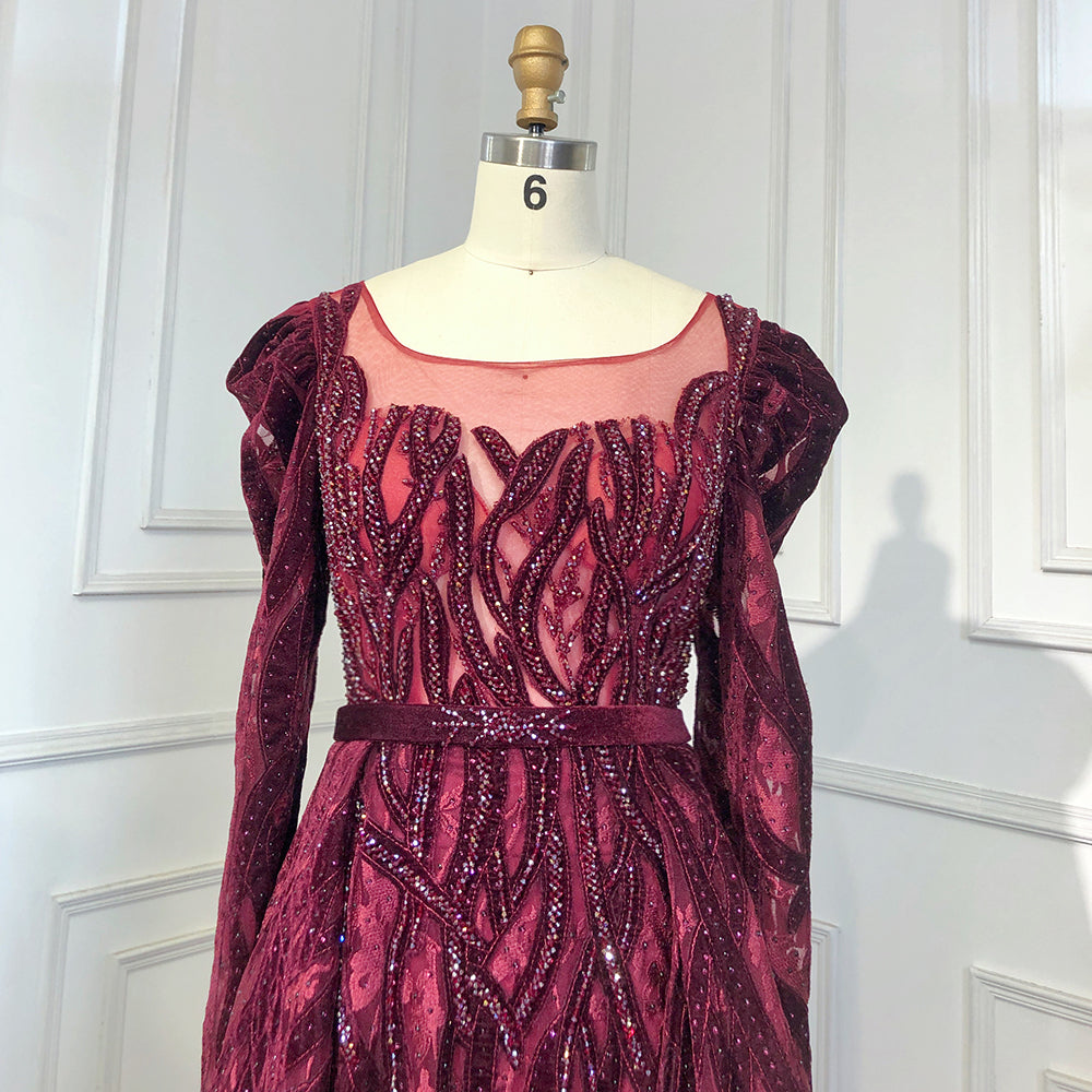 Wine Red Mermaid Elegant Evening Velvet Muslim Dresses Long Sleeves 2025 Beaded Luxury For Women Party LA71637