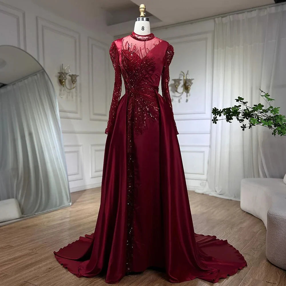 Wine Red Mermaid Luxury Lace Beaded Satin Evening Dresses Dubai Formal Gowns 2025 For Woman Wedding Party LA72202