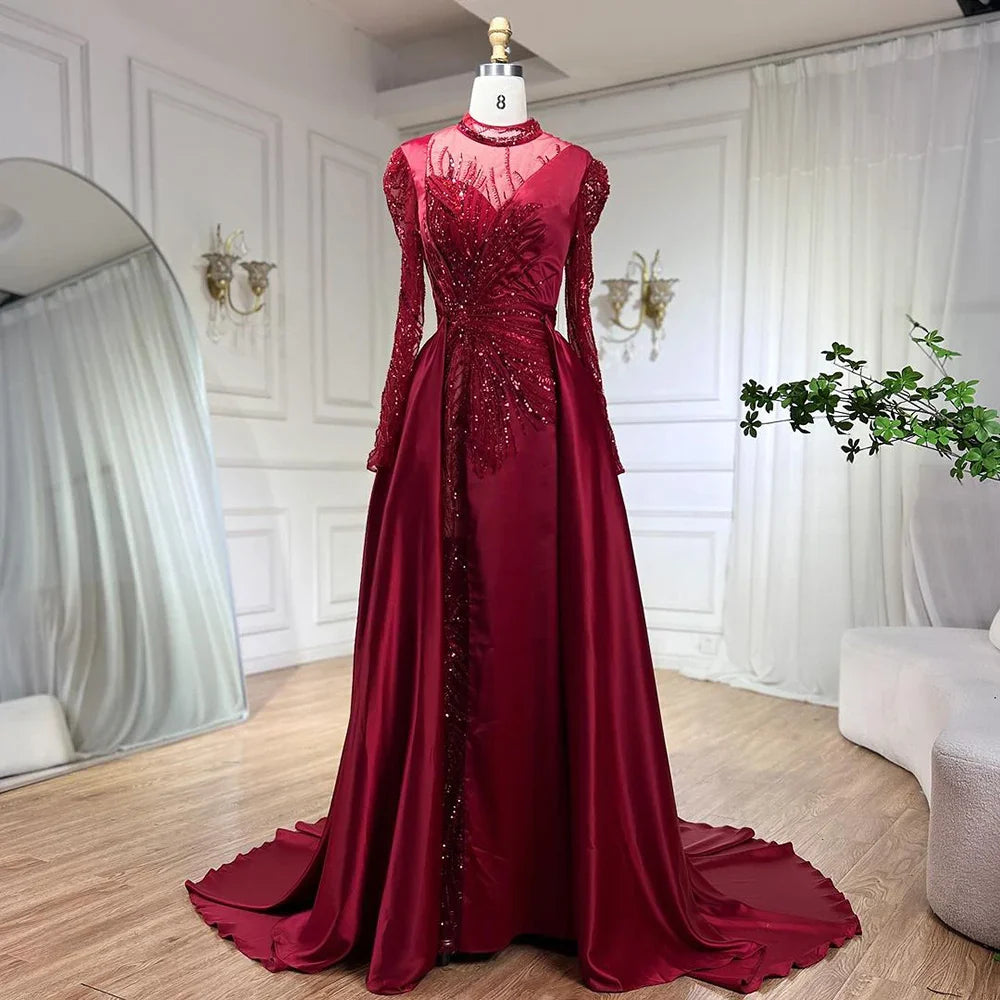 Wine Red Mermaid Luxury Lace Beaded Satin Evening Dresses Dubai Formal Gowns 2025 For Woman Wedding Party LA72202