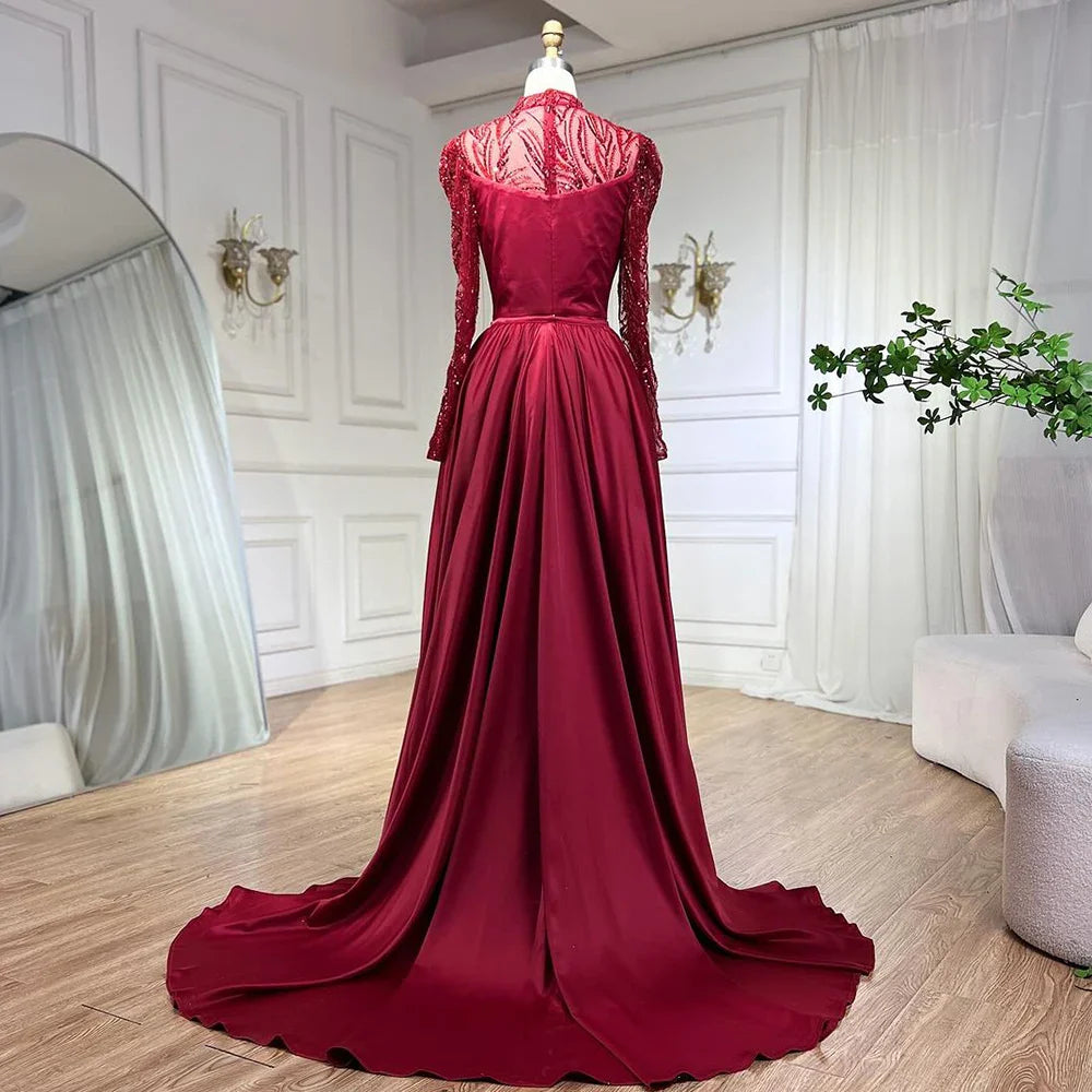 Wine Red Mermaid Luxury Lace Beaded Satin Evening Dresses Dubai Formal Gowns 2025 For Woman Wedding Party LA72202