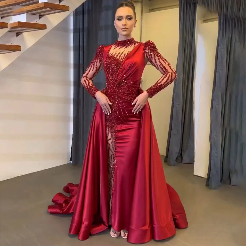 Wine Red Mermaid Luxury Lace Beaded Satin Evening Dresses Dubai Formal Gowns 2025 For Woman Wedding Party LA72202