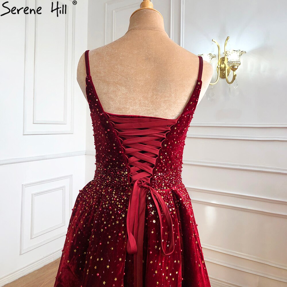 On Sale no return no refundSale Wine Red Velvet Luxury Evening Dresses Gowns 2025 A-Line Beading Sexy For Women Party LA70956