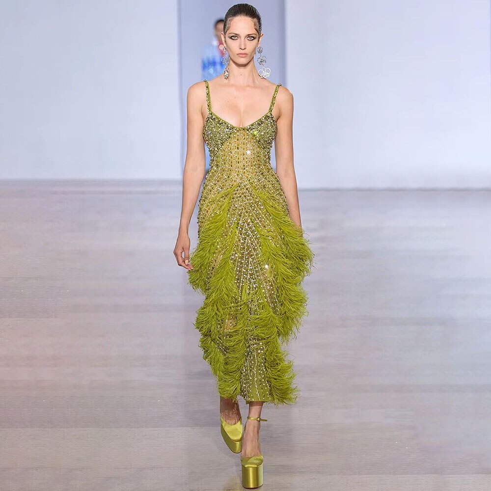 En oferta, sin devolución ni reembolso, vestido de noche de sirena con plumas de color verde amarillo, con cuentas y largo hasta el tobillo, vestidos de fiesta 2025 para mujer LA72055