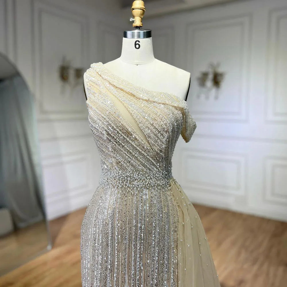 Gelb Eine Schulter Schwarz Hohe Split Meerjungfrau Perlen Abendkleider Kleider für Frauen Hochzeit Party 2025 LA72424